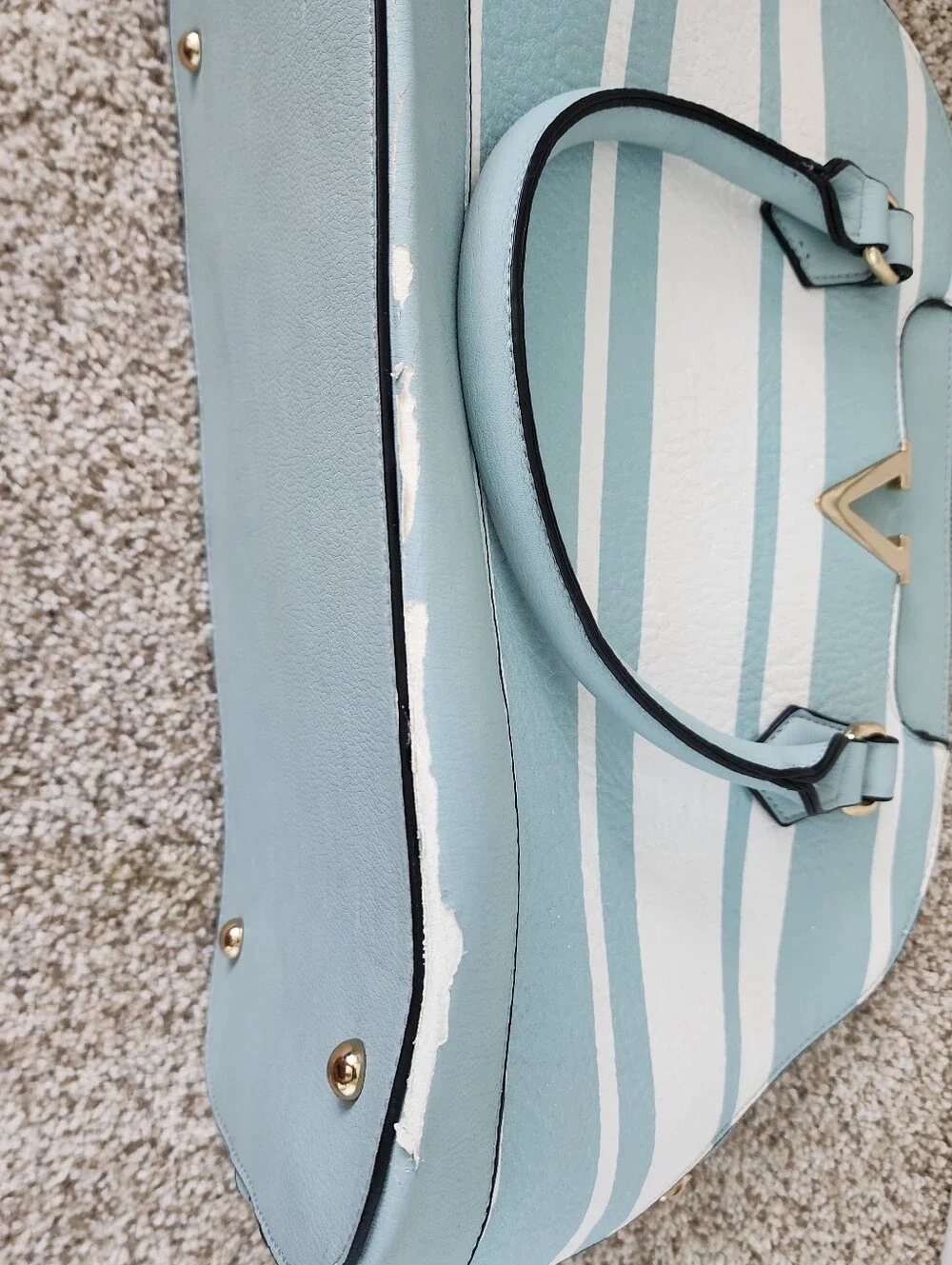 V-Accent Striped Dome Satchel - Light Blue & White